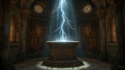 Altar in Ancient Temple, Glowing Lightning Portal Circle Above, Fantasy Mysterious Background