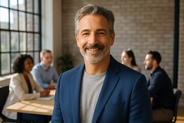 Confident Middle-Aged Businessman Smiling in Modern Office