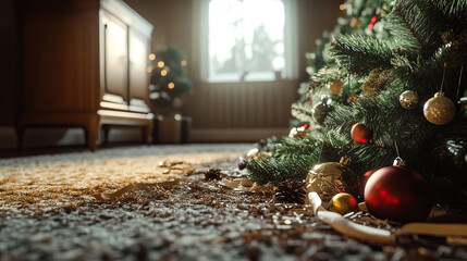 Scene of Christmas tree fallen over in living room, pine needles everywhere, melancholic atmosphere