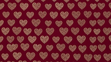 A repeating pattern of shimmering gold hearts on a rich deep maroon or red background