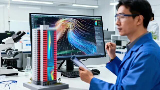 Engineer examines wind load simulations on a highrise model in a bright lab setting assessing structural integrity against severe storms.