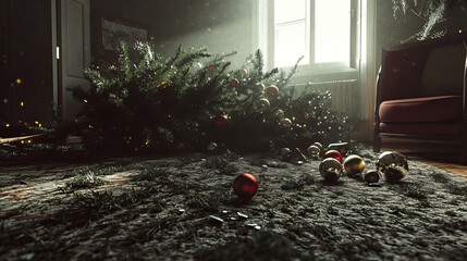 Scene of Christmas tree fallen over in living room, pine needles everywhere, melancholic atmosphere