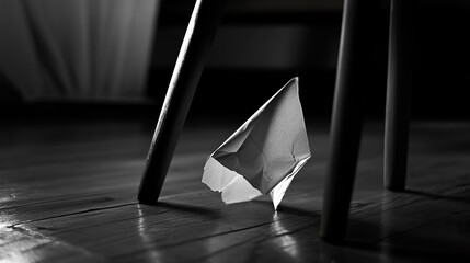 Solitary paper craft in muted tones, An abandoned childhood toy amidst shadows and textured flooring