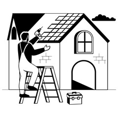 technician installing roofs elements using power drill vector design, construction workers banner, Skilled labor scene, Civil Engineering Works stock illustration, Roof Work with Precision and Care co
