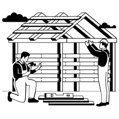 worker kneels while using hammer to secure joints vector design, construction workers banner, Skilled labor scene, Civil Engineering Works stock illustration, building wooden house frame concept