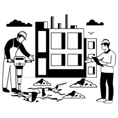 Urban Construction Operations vector design, construction workers banner, Skilled labor scene, Civil Engineering Works stock illustration, worker operates jackhammer breaking concrete concept