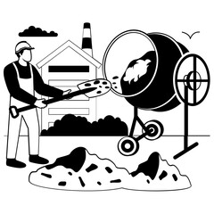 Foundation Work in Progress vector design, construction workers banner, Skilled labor scene, Civil Engineering Works stock illustration, Person Operating Cement Mixer concept
