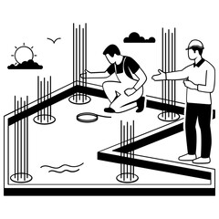 Installing Rebar for Structural Strength vector design, construction workers banner, Skilled labor scene, Civil Engineering Works stock illustration, Reinforced Concrete Foundation Preparation concept