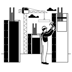 person using hammer to adjust formwork on concrete vector design, construction workers banner, Skilled labor scene, Civil Engineering Works stock illustration, Securing Concrete Columns concept