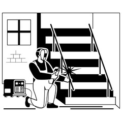 Craftsmanship and Safety vector design, construction workers banner, Skilled labor scene, Civil Engineering Works stock illustration, Welding Staircase Railings concept