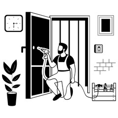 Technician Using Power Tools Indoors vector design, construction workers banner, Skilled labor scene, Civil Engineering Works stock illustration, Professional Handyman Installing Door concept