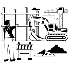 Earth moving and Structural Framework in Progress vector design, construction workers banner, Skilled labor scene, Civil Engineering Works stock illustration, Excavation Work During Building Developme