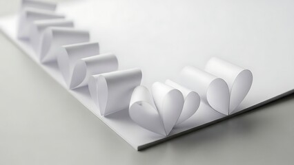 A cascade of folded paper hearts arranged in a descending line against a white background