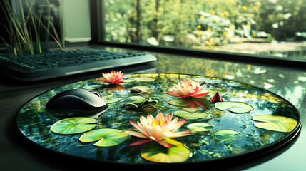 Surreal desk mousepad transformed into a miniature crystal-clear pond with water lilies and a frog