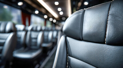 Interior view of a modern luxury coach bus featuring plush black leather seats with contrast stitching and soft ambient ceiling lighting along the aisle