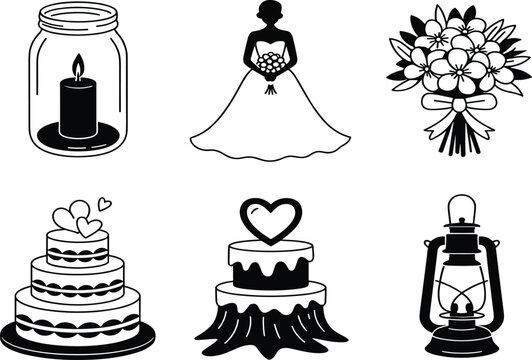 A Minimalist Black and White Silhouette Icon Set Featuring a Bride, Heart-Topped Celebration Cakes, Jarred Candles, Lanterns, and a Stylized Floral Bouquet.