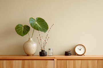 A still life arrangement of plants and decorative objects on a wooden shelf
