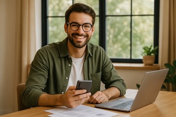Smiling Man Working on Laptop and Using Smartphone at Home Office
