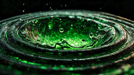 Water drops strike the surface of a discarded plastic bottle, creating ripples of glowing green energy that seem to restore the material