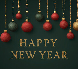 Happy New Year wallpaper, dark Green background with golden text "Happy New Year", red and gold Christmas ornaments