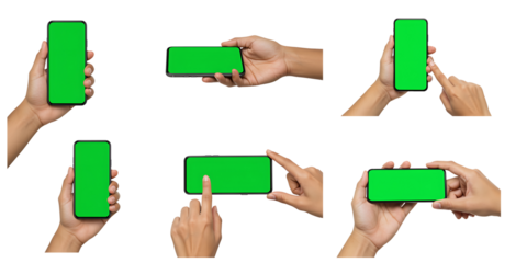 Hands holding smartphones with green screens in various positions