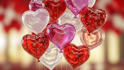 A cluster of vibrant heart shaped balloons in shades of red purple and white creates a festive atmosphere
