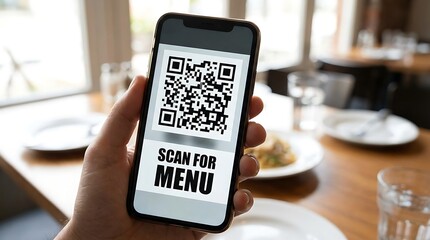A person holds a smartphone displaying a QR code to scan for a restaurant menu.