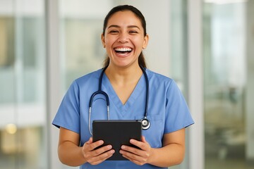 Smiling Healthcare Professional Holding Digital Tablet in Hospital