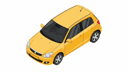 Isometric bright yellow compact hatchback passenger car with tinted windows, alloy wheels and smooth body lines, illustrated as a stylish everyday urban city vehicle on a white background

