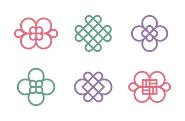 A set of minimalist Korean traditional knot symbols (Maedeup) and floral patterns in soft pastel colors. Perfect for Lunar New Year (Seollal) designs, cultural branding, and elegant Asian decor.