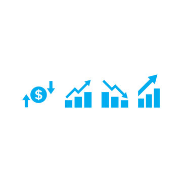 Set of four blue business icons showing finance tracking, profit increase, and market decrease isolated on a white background.
