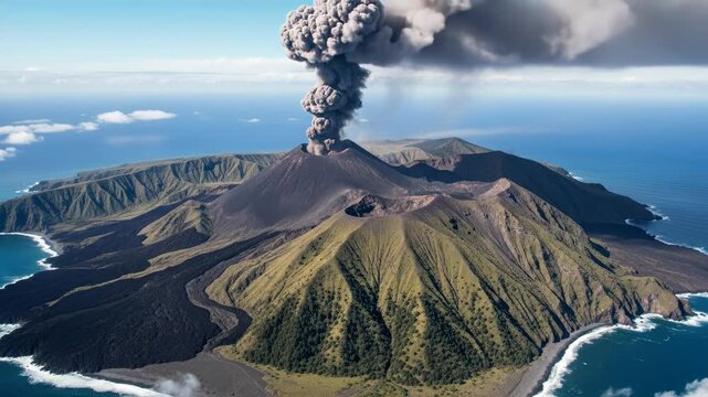 Volcanic island eruption with dense smoke plume over coastal landscape