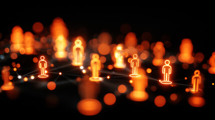 A vibrant network of glowing people icons shines against a dark backdrop, pulsating light lines connecting them in an abstract, warm cyberpunk aesthetic