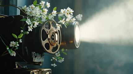 Vintage film projector in the booth, with delicate white jasmine flowers growing from its film reels