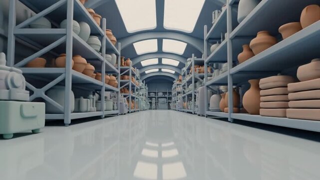 A spacious, colorful workshop with shelves filled with pottery and machinery under bright lights