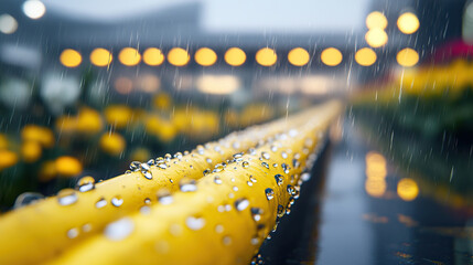 Water droplets on thick yellow aircraft ground power cable, early morning dew, out-of-focus airport terminal