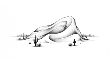 Surreal Landscape Illustration with Stipple Shading Technique, Abstract Mountain or Wavy Desert Dune Shape, Halftone Dot Texture, Dark Artistic Vector Graphic