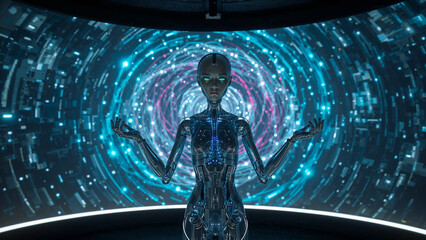 Humanoid Robot Android Working with Data, Futuristic Artificial Intelligence Technology Background