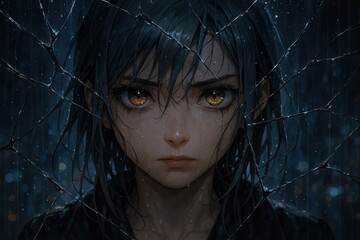 Dark Anime Girl Portrait with Glowing Eyes and Cracked Glass Effect