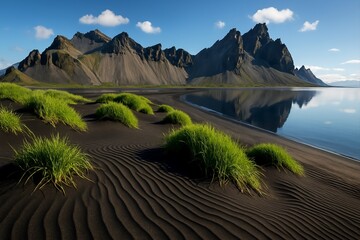 Green Grass on Black Sand Dunes with Mountain Reflection in Calm Lake