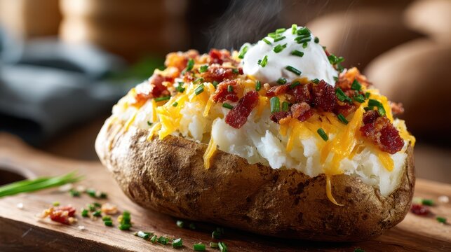 Loaded baked potato with melted cheddar cheese, crispy bacon, and sour cream on a rustic wooden board