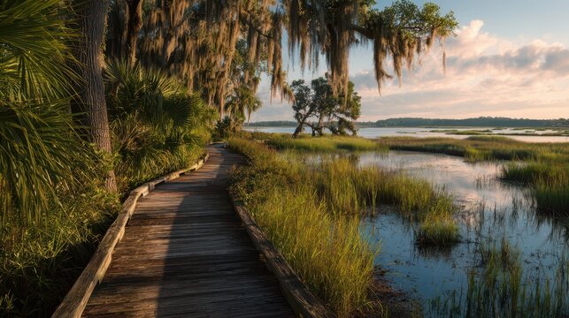 Lush Coastal Wetlands of Florida: Boardwalk Trail Amid Cypress, Moss, and Clear Blue Water