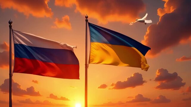 flags of russia and ukraine at sunset with white dove of peace - Powered by Adobe