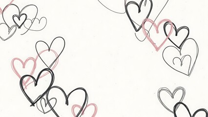 A collection of hand drawn hearts in black and pale pink scattered on a white background