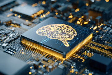 Futuristic computer chip with glowing neural network design symbolizing artificial intelligence and advanced technology integration on circuit board components