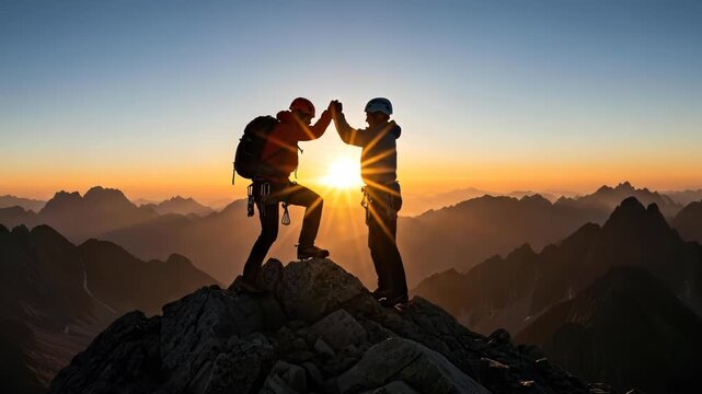 Two climbers helping each other at mountain peak during sunset