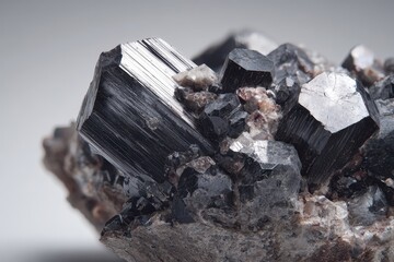 Macro photograph of hubnerite mineral specimen showing black monoclinic prismatic crystals with fine striations from Pasto Bueno, Peru