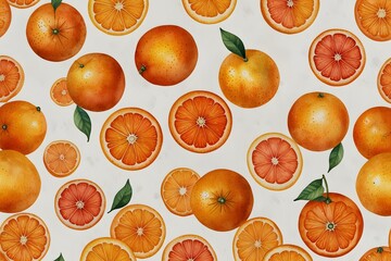 Navel oranges arranged in a vibrant colorful pattern on a white surface