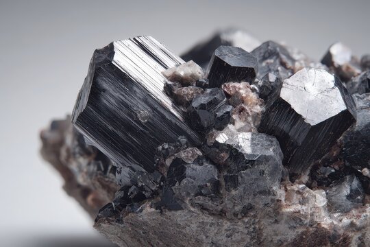 Macro photograph of hubnerite mineral specimen showing black monoclinic prismatic crystals with fine striations from Pasto Bueno, Peru