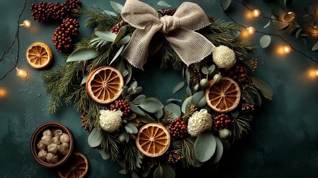Eco handmade Christmas wreath made from natural materials. Slow dolly-out shows dried orange slices, cinnamon sticks and pine branches on a rustic table. Perfect for sustainable holiday branding.